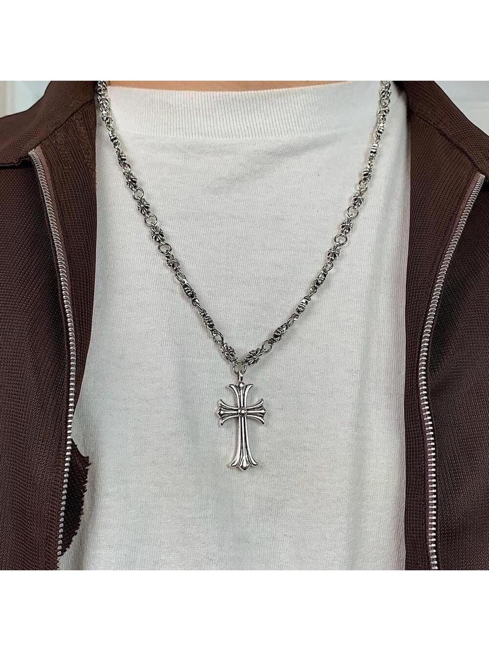 Grunge y2k silver cross long necklace chain. 24 inches length. Unisex